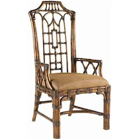 Quick Ship Rattan & Leather Pacific Rim Arm Chair with Upholstered Seat